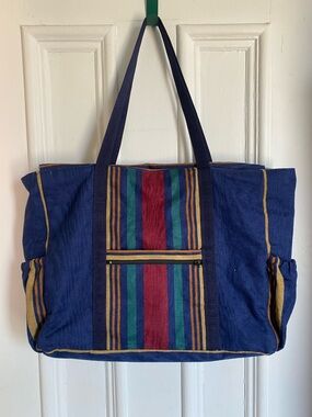 Vintage Striped Canvas Tote Bag in Blue, Red, Green